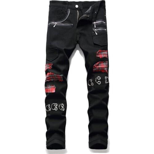 MORUANCLE Mens Fashion Hip Hop Jeans Pants With Plaid Patchwork Hi Street Ripped Denim Trousers Streetwear Straight Fit