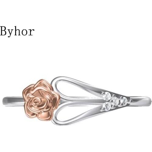 Byhor Solid 14K White+Rose Gold 0.032ct H/SI Natural Diamonds Fine Jewelry Trendy Wedding Band ring Diamond Flower кольца Women