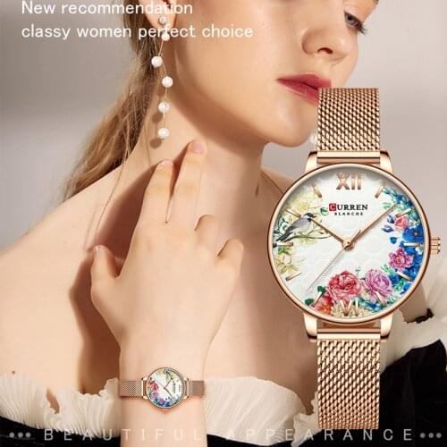 CURREN Quartz Brand Fashion Creative Flower Dial Women Watches Elegant Stainless Steel Bracelet Wristwatches Female Clock Woman