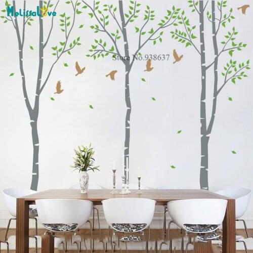 Nursery 3 Birch Tree With Birds Decal Wall Art Mural Stickers Nature Decals Removable Vinyl Wallpaper Home Playroom Decor BB806