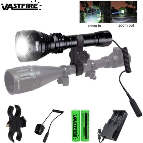 T67 500 Yard Zoomable Hunting Flashlight Tactical White 67mm Lens Fishing Coyote Hog Varmint Torch+Gun Mount+Switch+18650+Charge