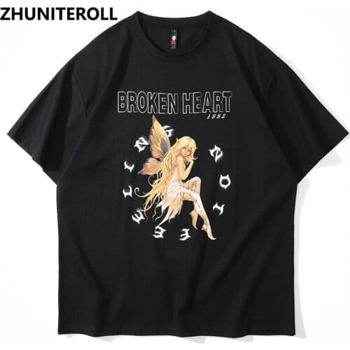 Fashion Harajuku T Shirts Men Angel Print Short Sleeve Broken Heart T-Shirt Streetwear Hip Hop Black Summer Tops Tee Clothing