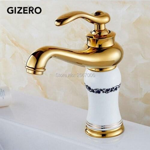 GIZERO FreeShipping Euro Design Gold plated single handle Basin Faucet white ceramic with flower Washbasin faucet Bathroom GI532