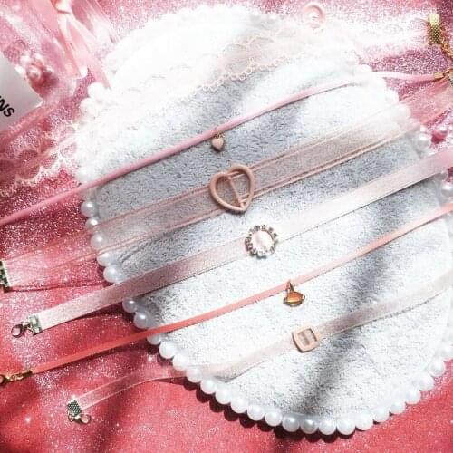 Sweet Pink Lace Ribbon Cute Heart Choker Necklace for Women Girls Fashion New Simple Short Clavicle Collares Party Jewelry FS16