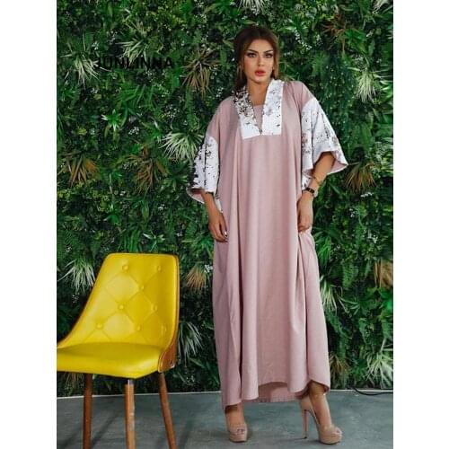 National Muslim Dress 2021 Fashion New Women Loose Dresses Square Neck 3/4 Flare Sleeve Decorating Sequins Vestidos