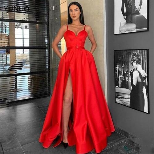 YUNUO 2021 Latest Red Prom Dresses with Slit Spaghetti Straps Modern Lady Party Evening Gowns Long Formal Celebrity Dress