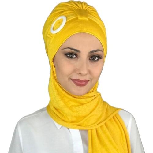 New Islamic Fashion Muslim Hijab Lady 2021 Trend Single Size Beanie Ready Shawl Scarf Buckle Yellow Buckled Horsehair Hijab Bathing Cap