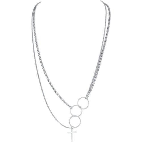 Titanium Steel three Ring Double Chain Pendant Necklace l Necklace Cross TMens Fashion Long Hip-Hop Punk Jewelry