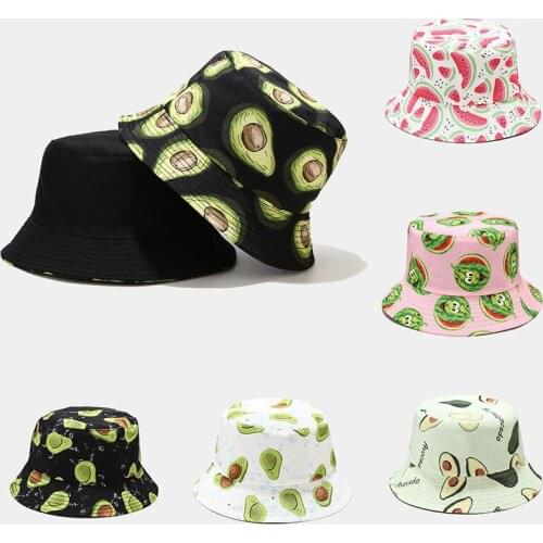 Avocado Cartoon Fisherman Hat Reversible Bucket Hat For Men Women Street Hip Hop Foldable Panama Cap Vintage Printed Fishing Hat