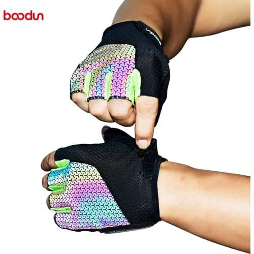 Boodun Riding Gloves Cushioning Palm Pad Half Fingers Sports Unisex Reflective Gloves Triathlon MTB Mountain Road Cycling Gloves