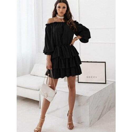 Casual Sexy Off-shoulder Mini Dress Female 2021 Autumn Long-sleeved Twill Collar Black Ruffled Dress Elegant Ladies Party Dress