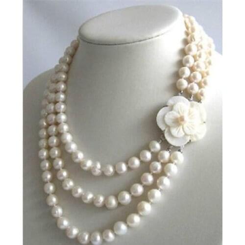 Prett Lovely Womens Wedding shipping> >>>>>3Row 7-8mm White Freshwater Pearl Necklace Shell Clasp Natural new-jewelry
