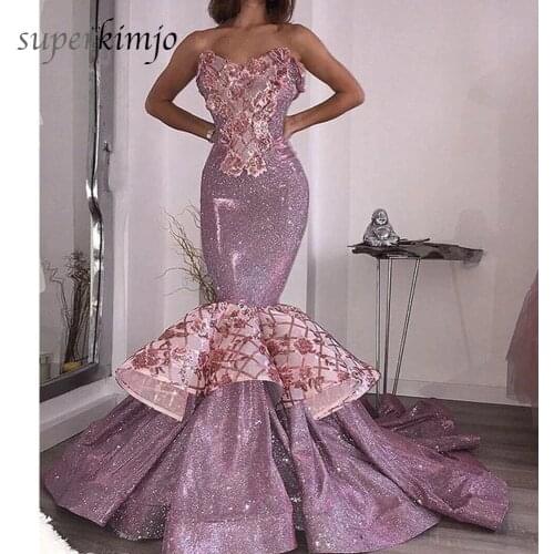 Pink Prom Dresses 2019 Sweetheart Neckline Lace Appliques Bling Bling Sparkly Sequins Puffy Fishtail Evening Dresses Gowns
