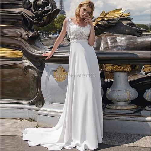Chiffon Beach Wedding Dresses Lace Appliques A Line Sleeveless Bridal Gowns Scoop Backless Vestido De Noiva Court Train