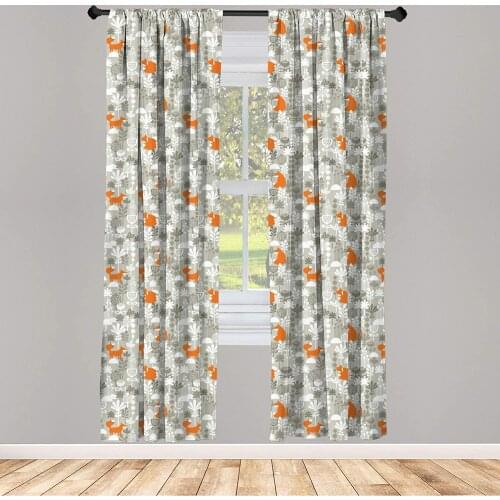 Fox Curtain for Kids Room Small Animals of The European Forests Doodle Style Floral Arrangement Lightweight Window Drapes