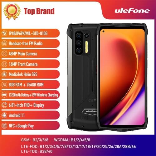 Global Version Ulefone Armor 13 13200mAh Waterproof Rugged Smartphone 8GB+256GB Helio G95 Android 11 6.81” NFC 4G Mobile Phones