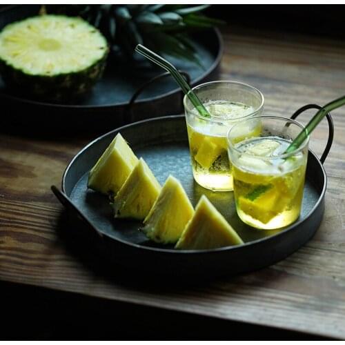 Vintag Iron Storage Fruits Bread Serving Tray Retro Round Plate with Handle Handcrafted Home Decoration Table Photography Props