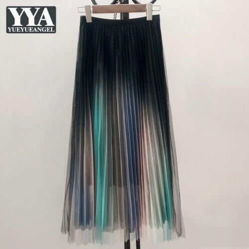 New Spring Summer Elastic High Waist Mesh Pleated Skirt Women Fashion Design Gradient A Line Skirts Ladies Elegant Long Skirts