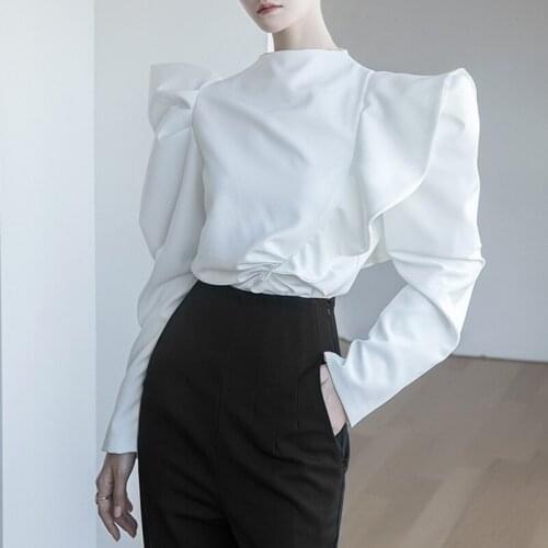 Elegant Patchwork Ruffles Blouse for Women O-neck Ruched Puff sleeve Short Shirt Female Sping Fall New Womens Clothing