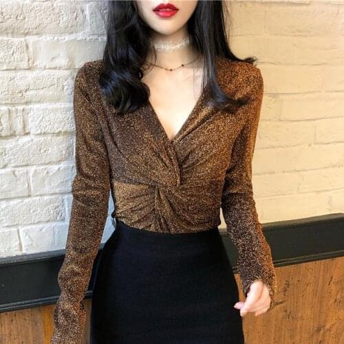 2019 Summer Women Slim blouse Black White Khaki Long Sleeve Gold and silver blouse Cross V-neck Sexy Crop Top