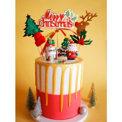 Christmas Cake Topper Merry Santa Figures Hat Boy Girl Gift Xmas Festival Soft pottery doll Snow Pine Cake Decoration Supplie