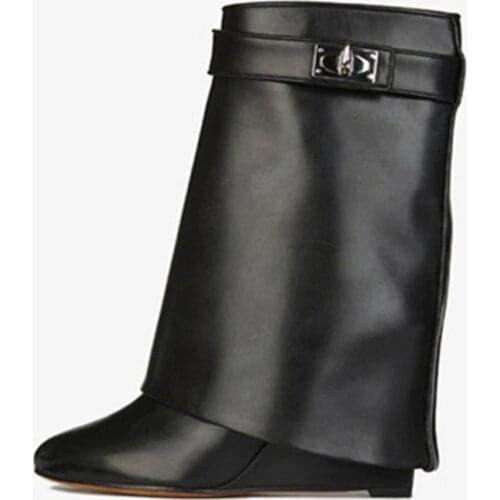 Shark Lock Genuine Leather Women Wedge Boots Height Increasing Fold Over High Boot Female Riding Boots Wedges