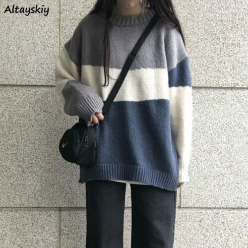 Pullovers Women Oversize Loose Chic Daily Panelled Japanese Student BF Knitwear Jumper Harajuku Sweater New Casual Girls Soft