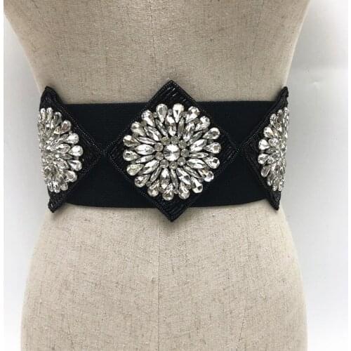 Big White Crystal Gem Waist Belt Women Handmade Flower Rhinestone Elasitc Waistband Brand Ladies Dress Shirt Corset Stretchy New