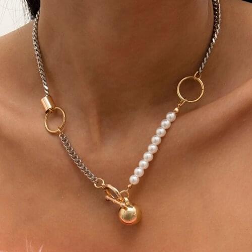Women Pearl Choker Iron Ball Pendants Single Layer Necklace Clavicle Chain