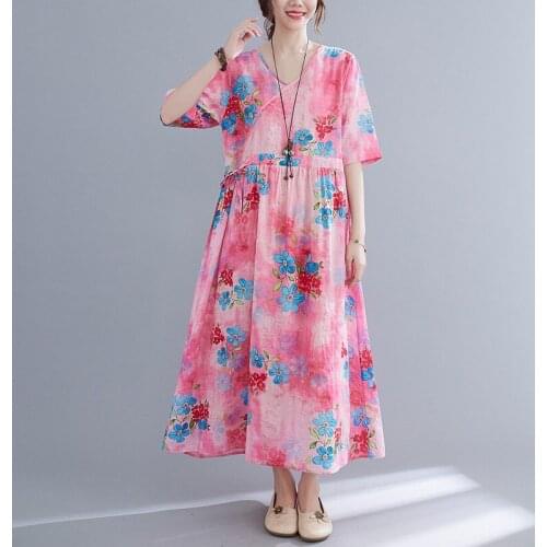 Women Summer Cotton Linen Casual Dress New Arrival 2021 Vintage Style V-neck Floral Print Loose Female A-line Long Dresses B032