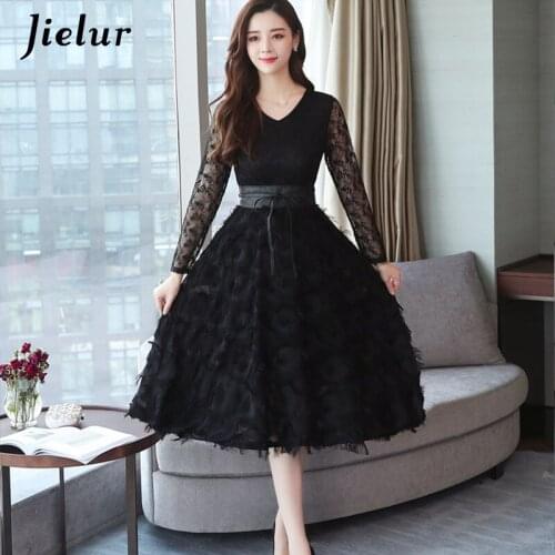 Jielur Autumn Winter Dress Black Lace Robe Femme V-neck Long Sleeve Belt Elegant 2021 New Slim Dress Women Vestidos M-XXL