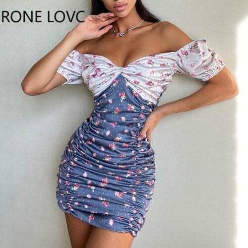 Women Ditsy Floral Print Colorblock Off Shoulder Ruched Dress Summer Mini Dress