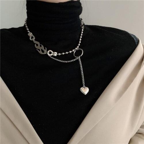 Lifefontier Gothic Stainless Steel Chain Heart Flame Pendant Necklace for Women Silver Color Beads Chain Necklace Jewelry 2021