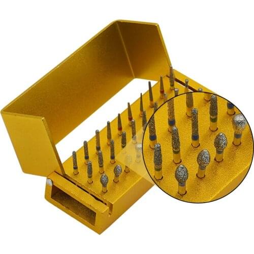 30pcs Golden Dental Diamond Burs Drill Disinfection Block High Speed Handpiece Tools Holder Alumimum Box Teeth Whitening Tool