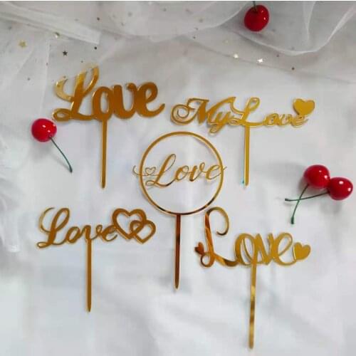 Valentines Day Acrylic Love Cake Topper Gold Heart-shaped Birthday Baking Cake Topper for Wedding Confession Cupcake Decoration