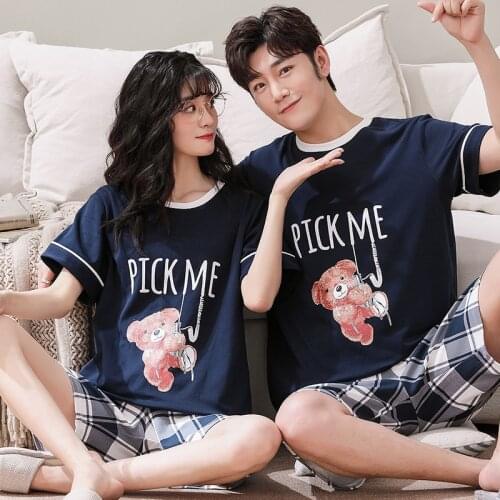 Homewear Bear Cartoon Couple Matching Kawaii Cotton Women Nightwear Suit With Plaid Shorts Summer Men Casual Short Sleeve Tops