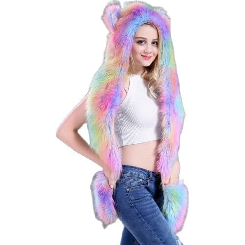 European and American Faux Fur Caps Cartoon Animal Caps Hats Scarves and Gloves In One Unicorn Winter Accessories for Women