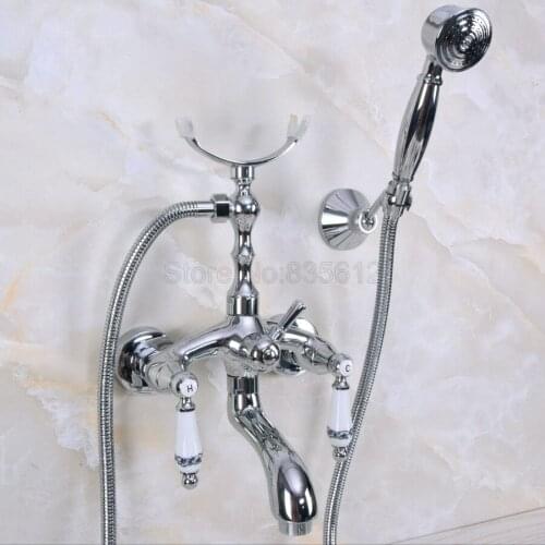 Chrome Polished Bathroom Tub Faucet W/Hand Shower Sprayer Clawfoot Mixer Tap Wall Mounted tna245