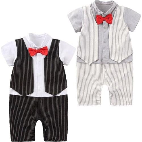 Summer Newborn Kids Boys Stripe Fake Two Piece Gentleman Jumpsuits Clothes Infant Baby Boys Rompers Short Sleeve Children Romper