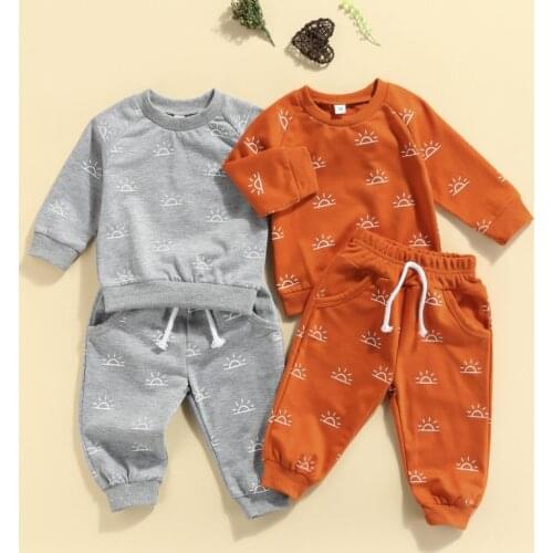 Infant Baby 2Pcs Outfits, Girls Boys Sun Print Long Sleeve Tops + Elastic Waist Pants Set Spring Autumn