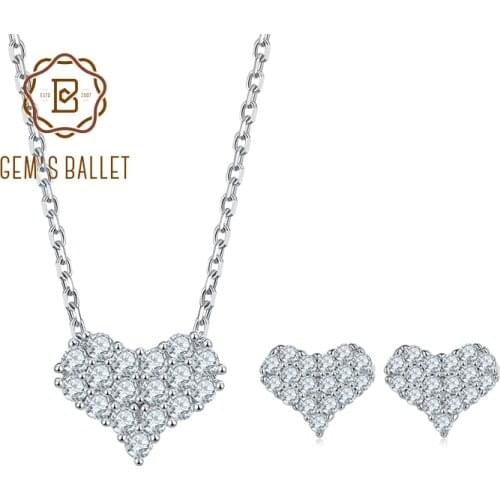 GEMS BALLET 925 Sterling Silver Moissanite Diamond Jewelry Set Cute Heart Necklace Earrings For Women Valentines Day Gift