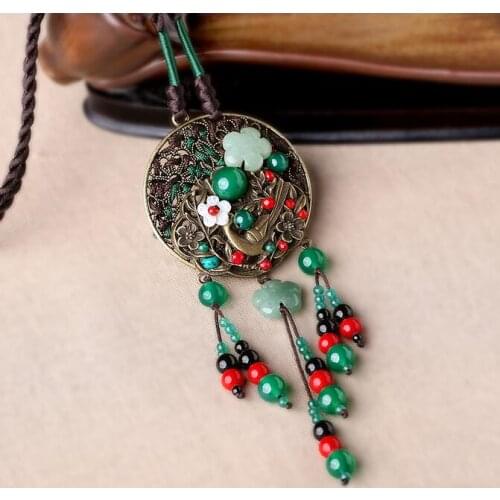 Pretty Jade National Wind Sweater Chain Artistic Long Fringed Necklace Pendant Chinese Wind Ms. necklace Pendant sharms
