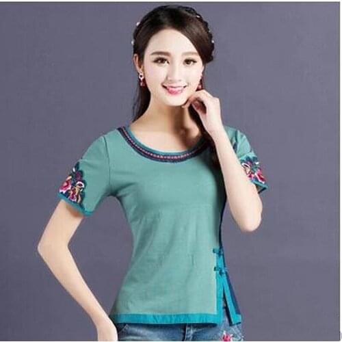 Hot!!!!2017 the summer new national wind restoring ancient ways womens hand embroidery stitching big yards short sleeve T-shirt