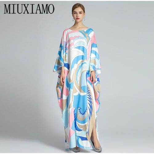 MIUXIMAO 2021 Bohemian Plus Size Dress O-neck Batwing Sleeve Maxi Dress Women Elastic Silk Floor Length New Fashion Kaftan Dress