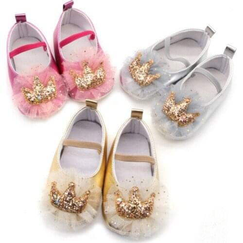 Newborn Baby Girl Shoes Soft Anti-Slip Crib Shoes Sequin Crown Princess Shoes for 0-18 Months First Walkers wf
