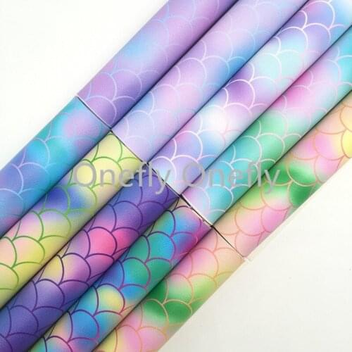 Onefly Dropshipping Wholesale Leather Supplier Rainbow Mermaid Printed Synthetic Faux Leather For Bow DIY handbags shoes FZ050