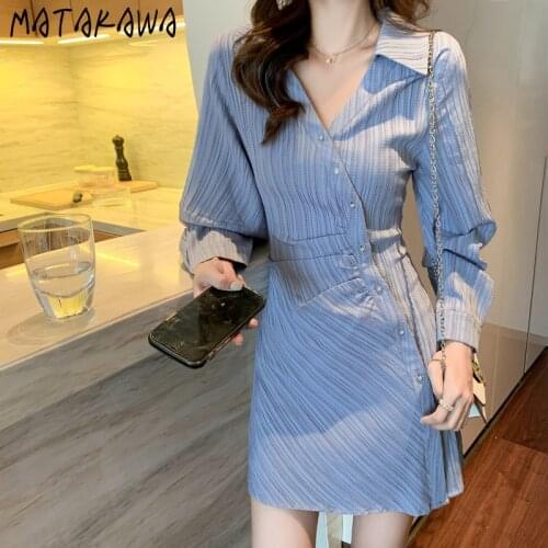 Matakawa Autumn Striped Mini Dress Vintage V Neck Long Sleeve Pleated Shirt Dresses for Women High Waist Slim Elegant Vestidos