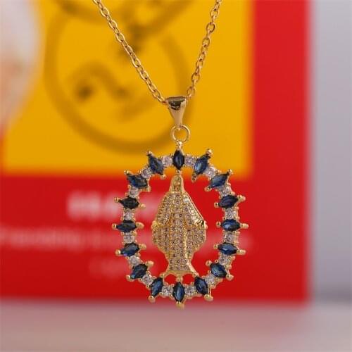 Transparent Blue Cubic Zirconia Copper Metal Virgin Mary Pendants Necklaces For Women Girls Gold Stainless Steel Chain Necklace