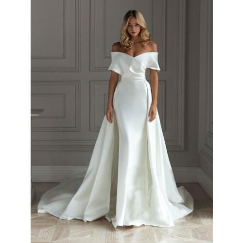 Off Shoulder V Neck Satin Mermaid Wedding Dress Simple DetachableTrain Elegant Backless Bridal Gown Plus Size Vestido De Noiva