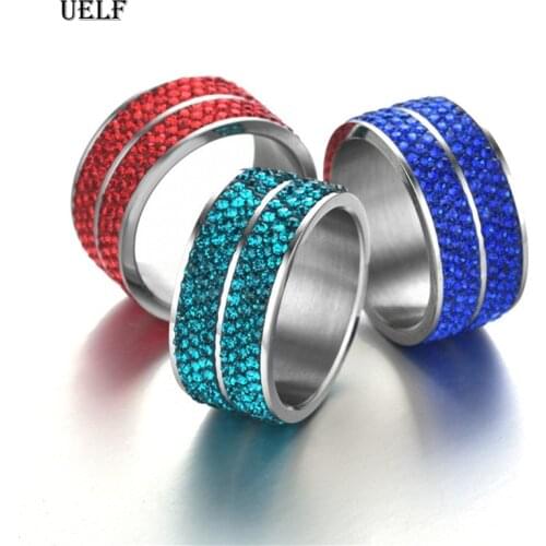 Uelf Full Size Six row clear crystal Stainless steel Wedding rings fashion jewelry Made with Genuine CZ Crystals